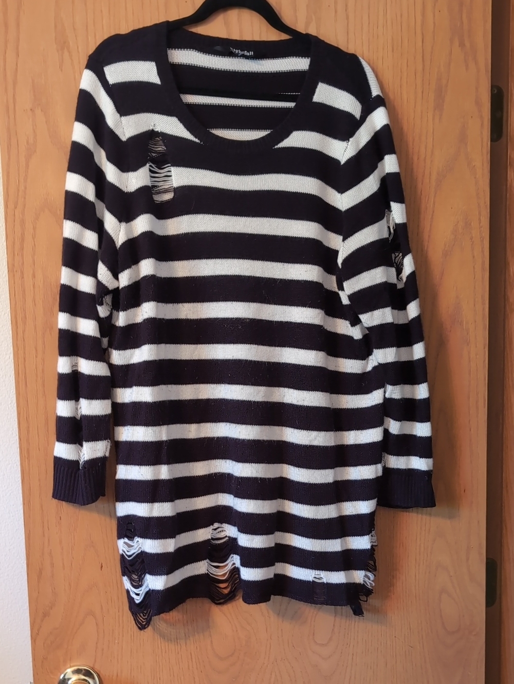 Torrid Nightfall Distressed Striped Black and White Long-Sleeve Sweater Tunic